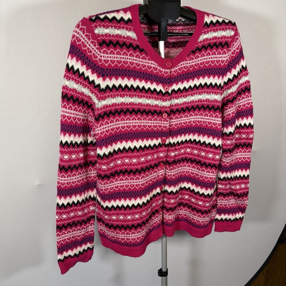 Talbots Petite XLP Pink Lambswool Blend Fair Isle Cardigan Cottage Ski Chic Prep - Picture 3 of 12